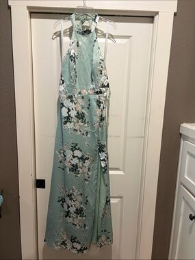 Azazie Clarice Mint Green Halter Floral Maxi Dress